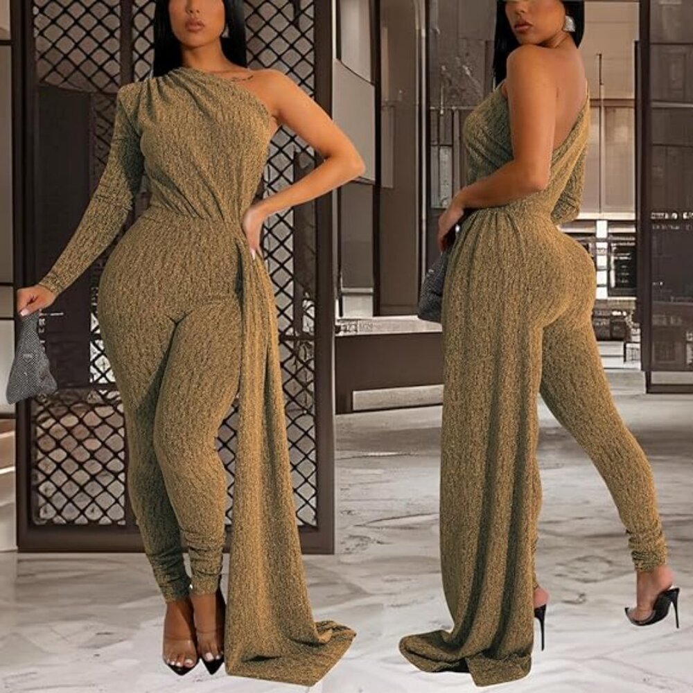 Women's Sexy Sparkly One Shoulder Long Sleeve Bodycon Jumpsuits Stretchy Long Pa
